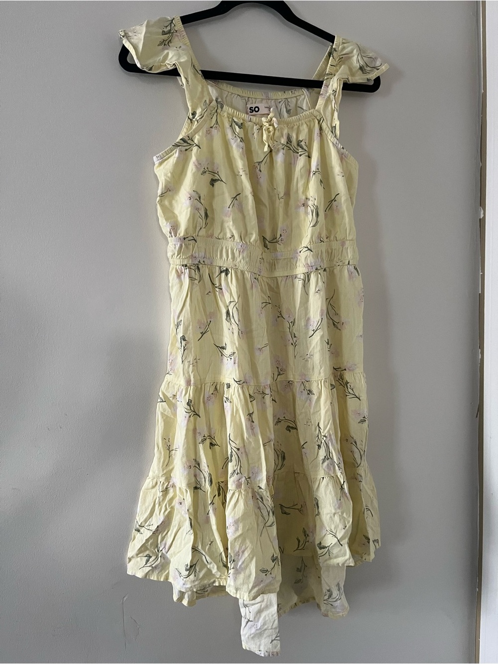 SO Girls 14 Plus Yellow Floral Cotton Tiered Mini Dress Cottagecore Summer Beach
